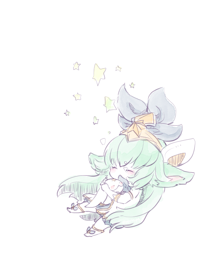 1girl, alternate_costume, alternate_hairstyle, boots, closed_eyes, dress, female, forehead_mark, gloves, green_hair, league_of_legends, long_hair, lulu_(league_of_legends), magical_girl, pale_color, pix_(league_of_legends), solo, sparkle, star_guardian_lulu, tiara, very_long_hair, white_background, white_dress, white_gloves, yordle