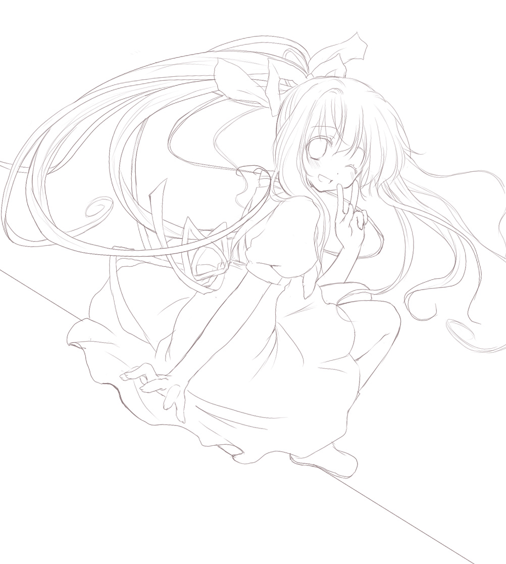 hair_ribbon, kamio_misuzu, kayune_niu, kayuumi, lineart, long_hair, looking_back, monochrome