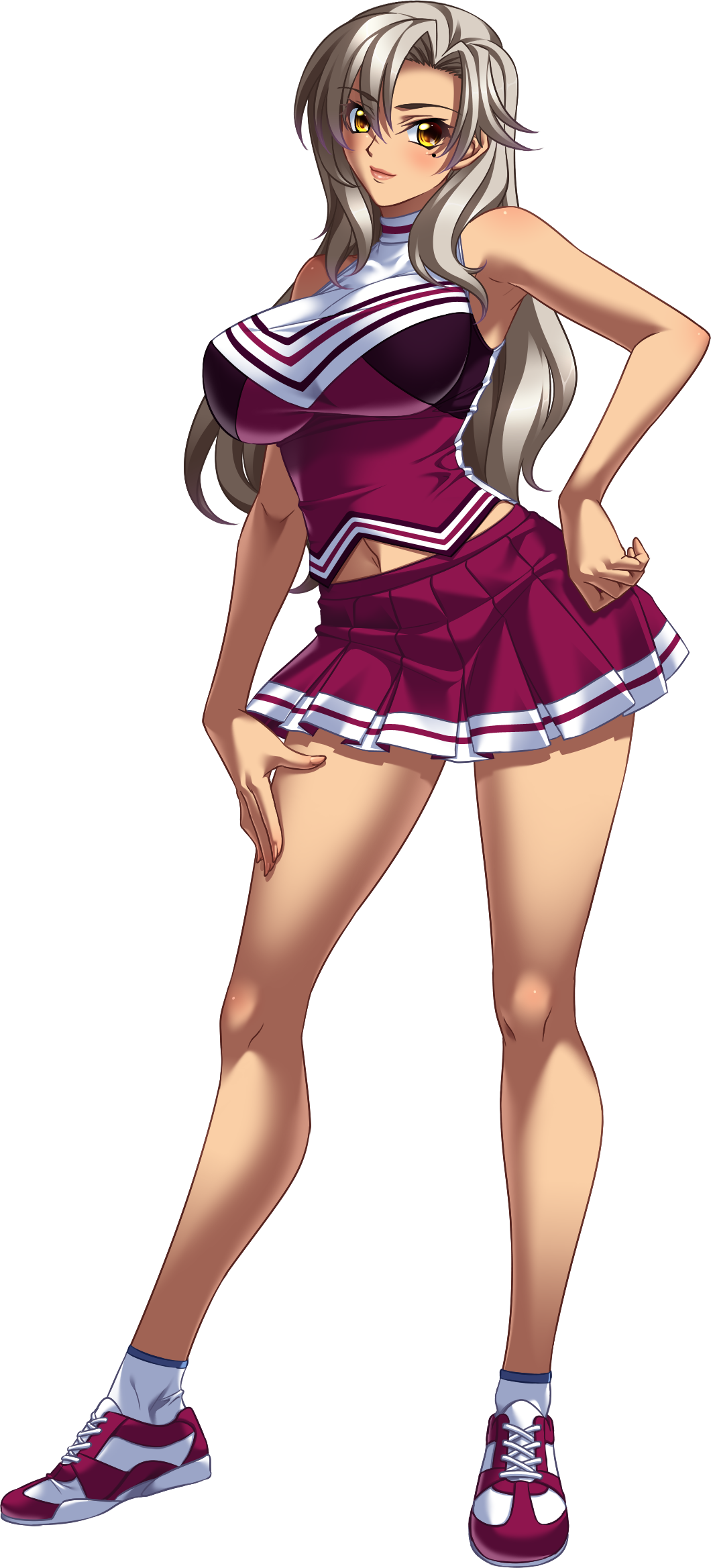1girl, armpits, bare_arms, bare_shoulders, bishop_(company), breasts, cheerleader, closed_mouth