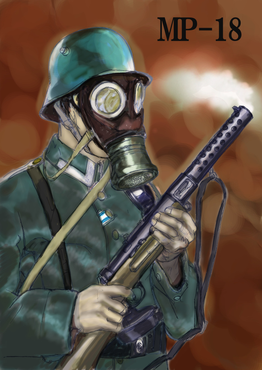 absurdres, artist_request, gas_mask, gun, helmet, military, military_uniform, mp18