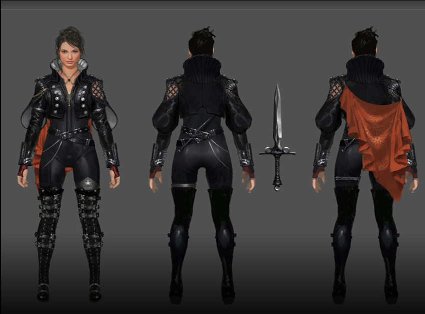 ass, belt, belt_boots, belts, brown_hair, cape, concept_art, crowe_altius, dagger, final_fantasy, final_fantasy_xv, fingerless_gloves, gloves, high_collar, jewelry, kingsglaive:_final_fantasy_xv, leather, leather_gloves, long_boots, looking_at_viewer, messy_hair, official_art, orange_cape, thigh_gap, zipper