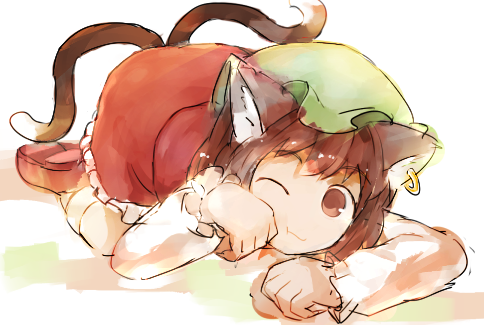 1girl, :t, animal_ears, brown_hair, chen, closed, earrings, female
