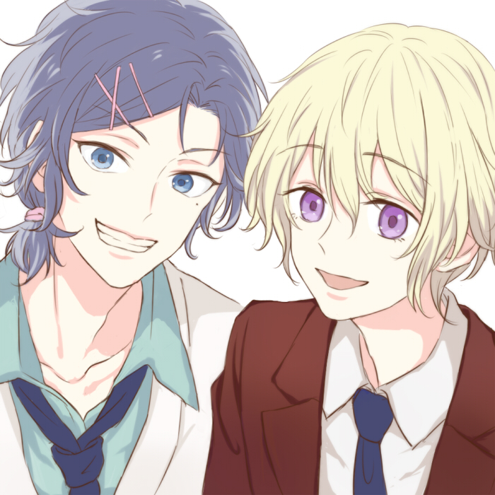 2boys, beauty_mark, blazer, blonde_hair, blue_eyes, blue_hair, collarbone, collared_shirt