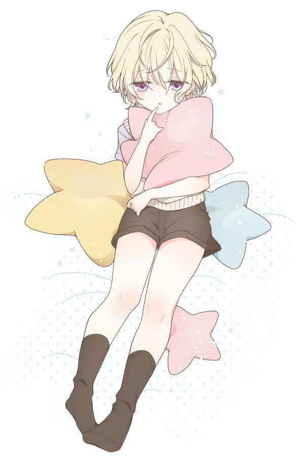 1boy, blonde_hair, body_blush, brown_legwear, child, finger_to_mouth, kneehighs, lavender_eyes, little_twin_stars, male_focus, nishimiya_ryou, parted_lips, pillow, rochmaya, sanrio, sanrio_danshi, short_shorts, shorts, simple_background, solo, star, violet_eyes, white_background