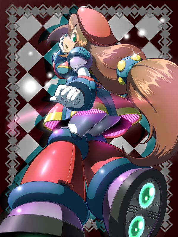 1girl, android, beret, breasts, brown_hair, dress, green_eyes, hair_ornament, hand_on_cheek, hat, iris, iris_(mega_man), iris_(rockman), large_breasts, long_hair, looking_back, mega_man_(series), mega_man_x_(series), napo, open_mouth, robot, rockman, rockman_x
