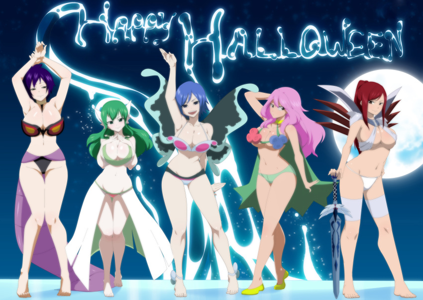 5girls, barefoot, bikini, blue_hair, breasts, cosmos_(fairy_tail), erza_scarlet, fairy_tail, feet, green_hair, halloween, hisui_e._fiore, juvia_loxar, kinana_(fairy_tail), legs, multiple_girls, pink_hair, purple_hair, redhead, swimsuit