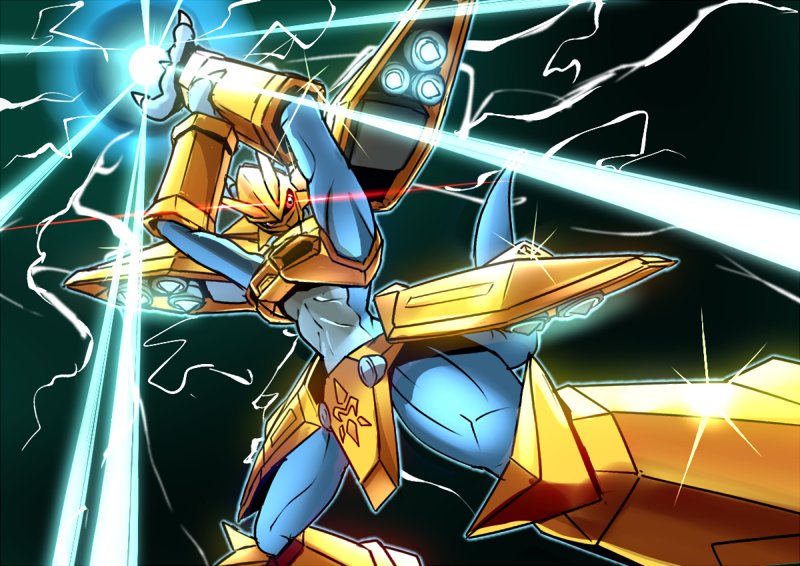 1boy, armor, bandai, digimon, energy, full_armor, horns, magnamon