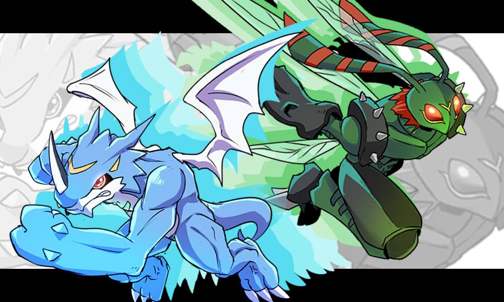 2boys, armor, bandai, digimon, dragon, exveemon, full_armor, highres