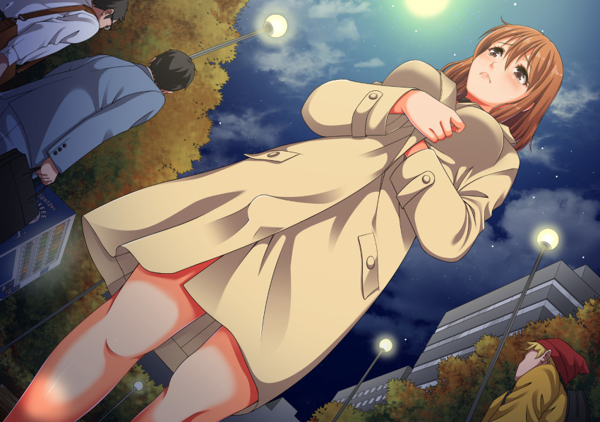 1girl, bag, bare_legs, bdsm, black_eyes, blush, breasts, brown_hair, building, coat, collar, covering, dutch_angle, embarrassed, from_below, highres, holding, jall_boint, large_breasts, legs, long_coat, long_sleeves, looking_away, night, original, outdoors, public, raised_eyebrows, short_hair, sky, slave, solo_focus, standing, suit, thighs, trees, vending_machine, walking