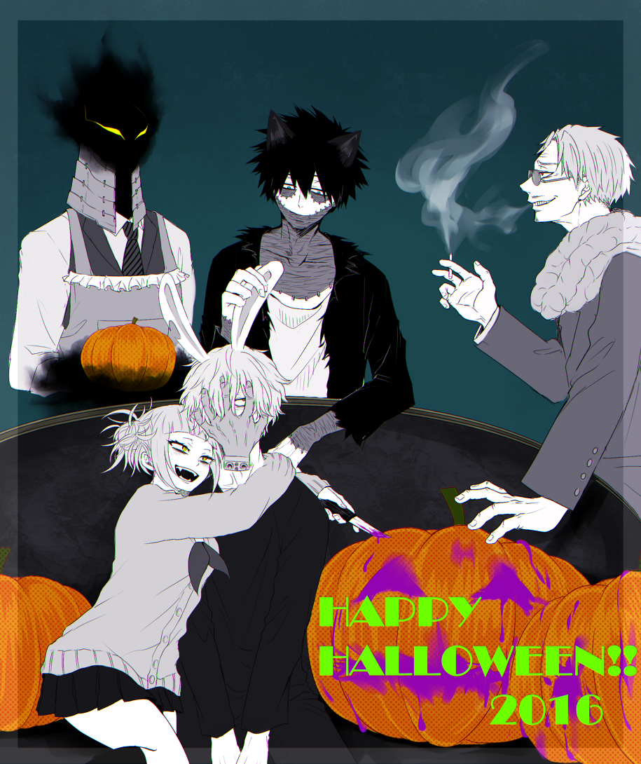 1girl, 4boys, bangs, blunt_bangs, boku_no_hero_academia, cardigan, dabi_(boku_no_hero_academia), double_bun, halloween, hug, kurogiri_(boku_no_hero_academia), messy_hair, multiple_boys, nashimo_(artist), pumpkin, school_uniform, serafuku, shigaraki_tomura, skirt, the_broker, toga_himiko