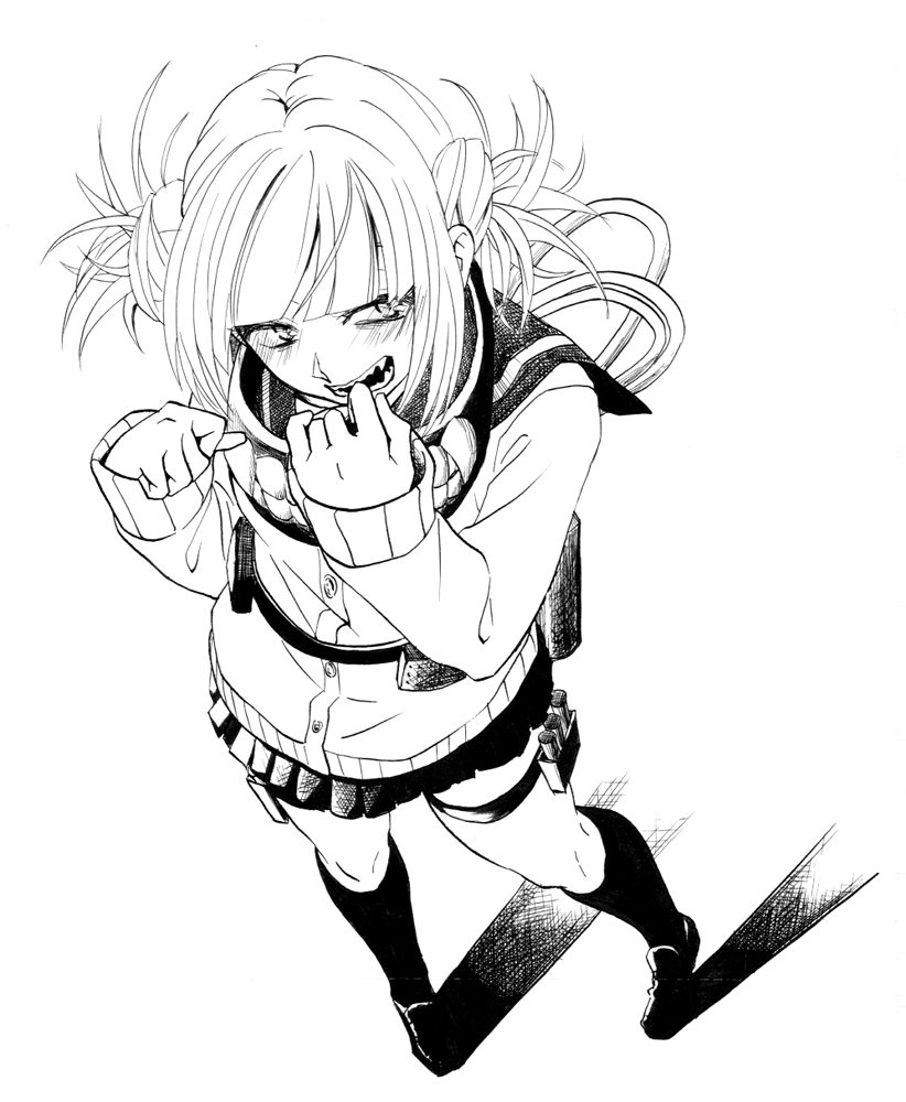 1girl, bangs, blunt_bangs, blush, boku_no_hero_academia, cardigan, double_bun, dutch_angle, messy_hair, monochrome, satie, school_uniform, serafuku, sharp_teeth, skirt, socks, solo, toga_himiko