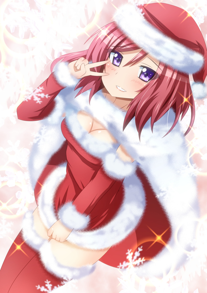 1girl, artist_request, blush, breasts, christmas, christmas_hat, christmas_outfit, cleavage, costume, dress, female, hat, highres, love_live!_school_idol_project, maou_kyuu, nishikino_maki, red_legwear, red_thighhighs, redhead, short_hair, smile, solo, thigh-highs, v, violet_eyes, zettai_ryouiki