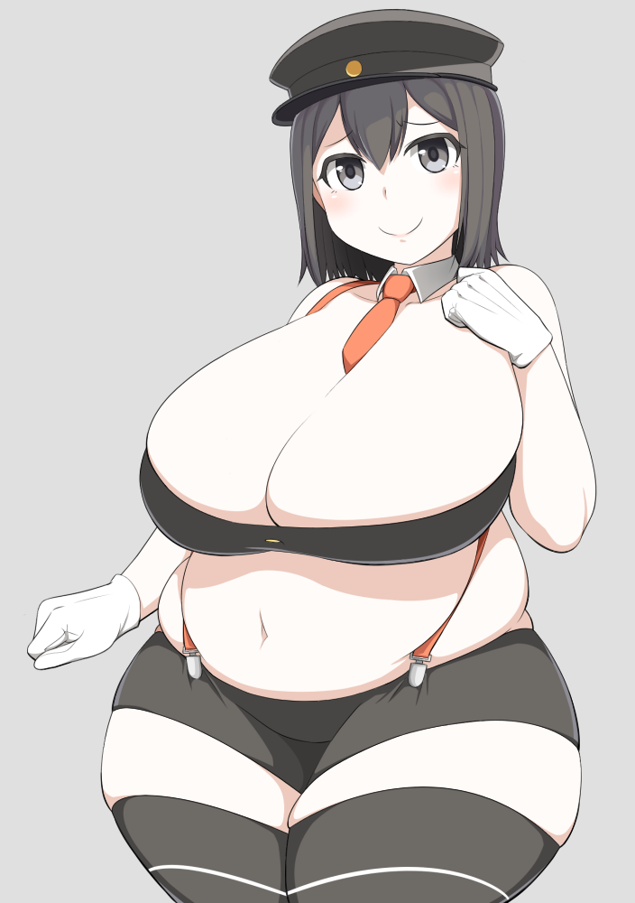 1girl, akitsu_maru_(kantai_collection), bare_shoulders, black_eyes, black_hair, breasts, cleavage, fat
