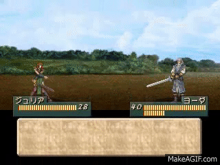 1boy, 1girl, age_difference, animated, animated_gif, father, fight, julia_(tear_ring_saga), sword, tear_ring_saga, violence, weapon, yoda_(tear_ring_saga)