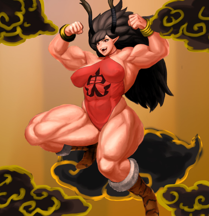 1girl, artist_name, black_hair, female, horns, long_hair, monster_girl, muscle, oboro_muramasa, oni, pointy_ears, rajaki_(oboro_muramasa), red_eyes