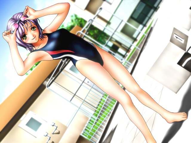 adjusting, competition_swimsuit, game_cg, joy_ride, libido, one-piece_swimsuit, outdoor, purple_hairsokkou_hikaku_jirai_circle