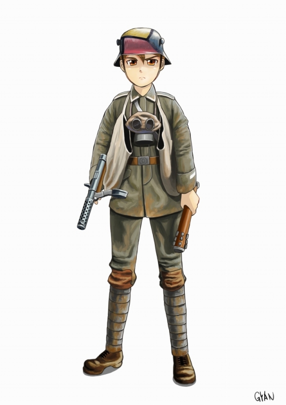 brown_eyes, gas_mask, gun, gyan_(akenosuisei), helmet, male_focus, military, military_uniform