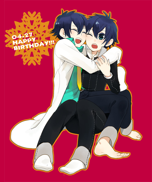 bad_id, barefoot, birthday, blue_hair, closed_eyes, darao, dark_persona, dro, dual_persona, feet, green_eyes, hug, labcoat, lap_sitting, open_mouth, persona, persona_4, reverse_trap, shirogane_naoto, short_hair, sitting, sitting_on_lap, sitting_on_person, smile, socks, wink