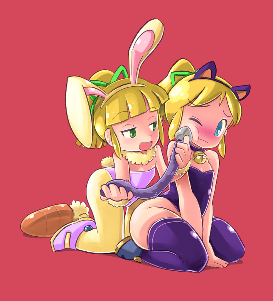 2girls, bell, blonde_hair, blue_eyes, blush, bunnysuit, carrot, child