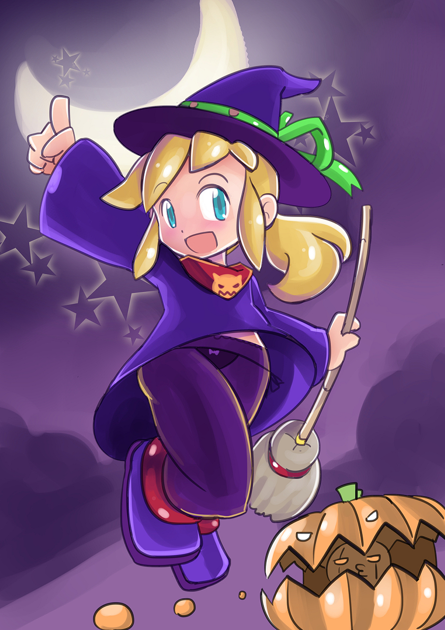1girl, alternate_costume, blonde_hair, blue_eyes, broom, capcom, child, clouds