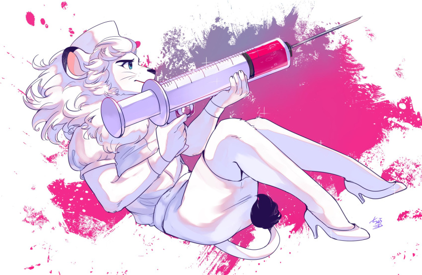 artist_request, blue_eyes, ejection, furry, lion, long_hair, nurse, white_hair