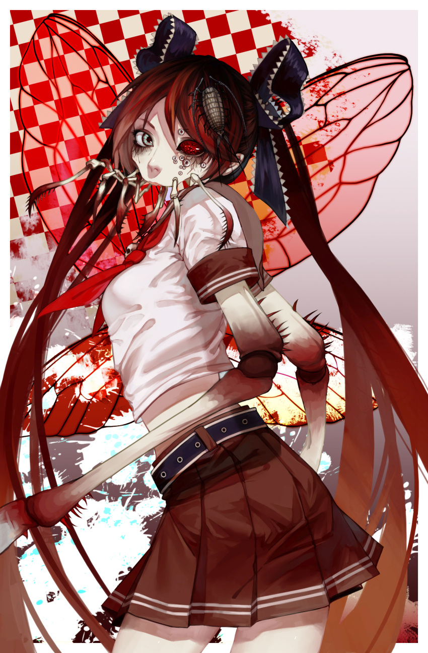1girl, belt, blue_eyes, calne_ca, checkered, chelicerae, compound_eyes, cowboy_shot, crustacean, ebon_(7841327), hatsune_miku, heterochromia, isopod, long_hair, looking_at_viewer, midriff, redhead, school_uniform, serafuku, skirt, skull, solo, twintails, very_long_hair, vocaloid, wings