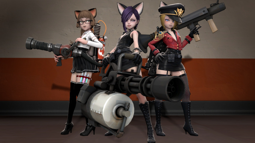 3d, 3girls, animal_ears, blonde_hair, blue_eyes, boots, brown_hair, cosplay