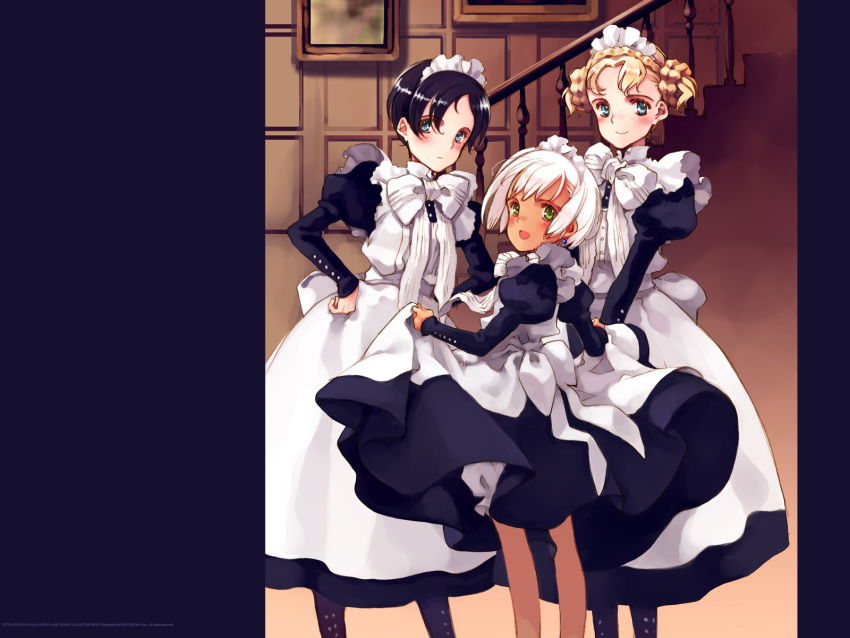 3girls, artist_name, banister, blonde_hair, blue_eyes, blush, green_eyes, highres