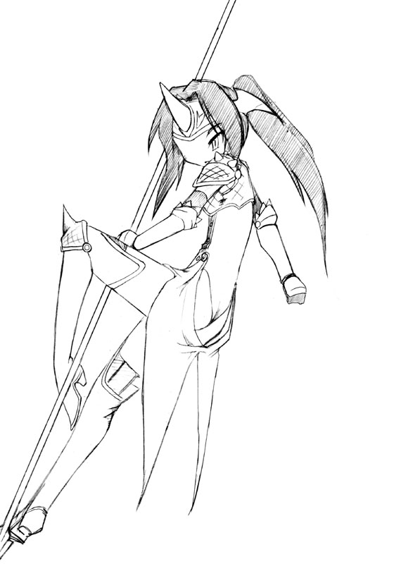 1girl, camel_(dansen), fake_horns, female, monochrome, original, pauldrons, ponytail, ryuhime, solo, spear, thigh-highs, weapon