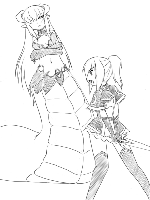 2girls, alisfieze_fateburn_xvi, camel_(dansen), cecil_(mon-musu_quest!), crossed_arms, facial_mark, female, lamia, long_gloves, midriff, mon-musu_quest!, monochrome, monster_girl, multiple_girls, navel, open_mouth, pointy_ears, ponytail, profile, sword, thigh-highs, weapon