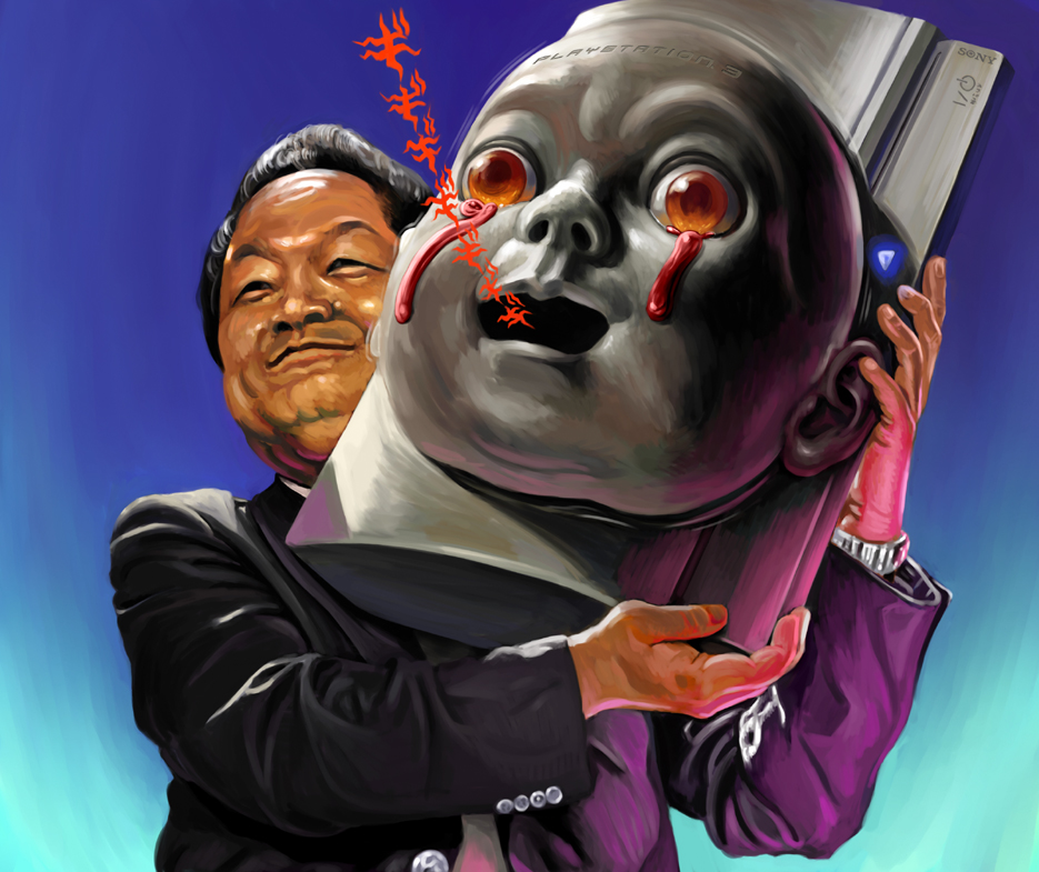 black_hair, blood, bloody_tears, crying, game_console, kutaragi_ken, playstation_3, sakkan, watch, what