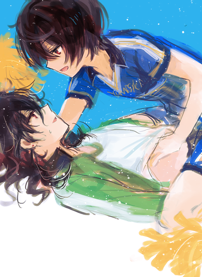 2boys, black_hair, boy_on_top, brothers, cheerleader, ensemble_stars!, eye_contact, from_side