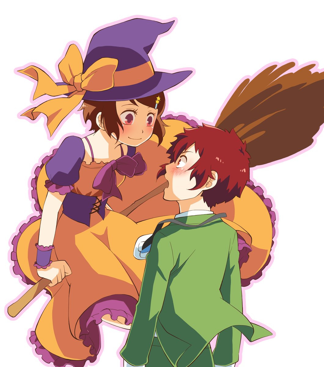 1_boy, 1_girl, brom, broom_riding, digimon, digimon_adventure_02, goggles, motomiya_daisuke, witch, yagami_hikari