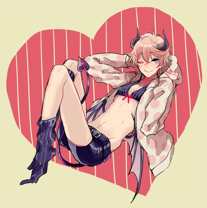 1boy, bikini_top, crossdressinging, demon, demon_horns, demon_tail, demon_wings, full_body