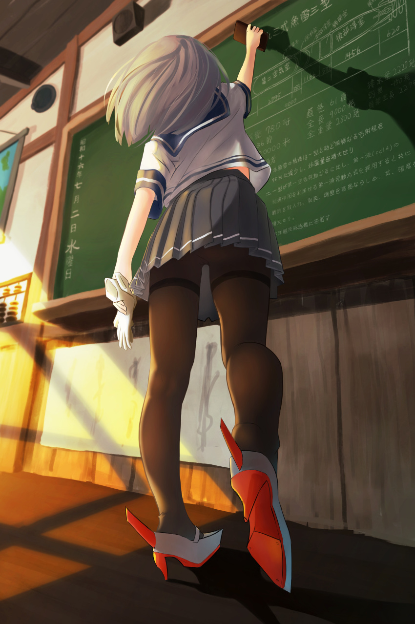 1girl, abacus, ceiling, chalkboard, eraser, from_behind, gloves, hamakaze_(kantai_collection)