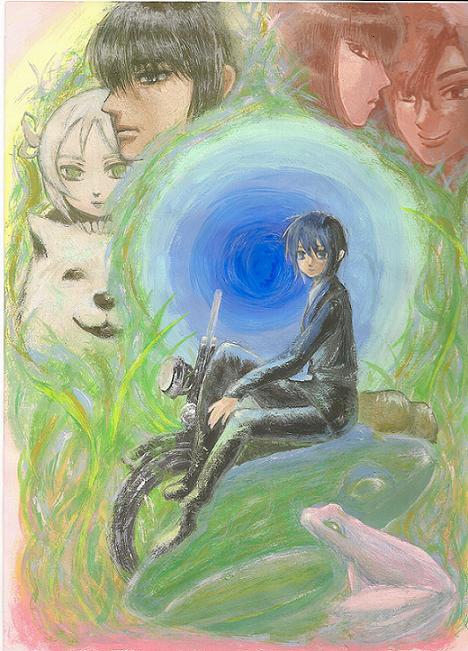 2boys, 3girls, androgynous, animal, artist_request, black_eyes, black_hair, dog