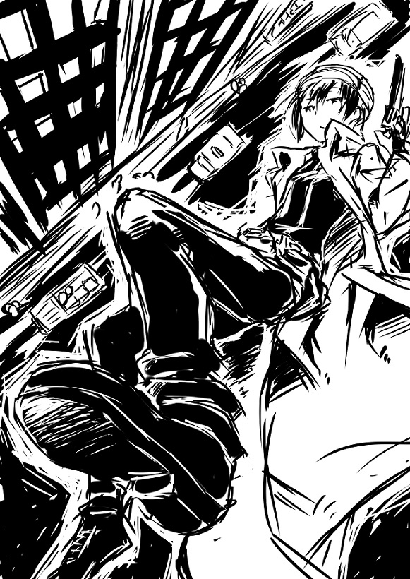1girl, androgynous, artist_request, belt, black_eyes, black_hair, buildings, expressionless, kino, kino_no_tabi, long_coat, monochrome, revolver, road, short_hair, solo, tagme, vehicles, weapon