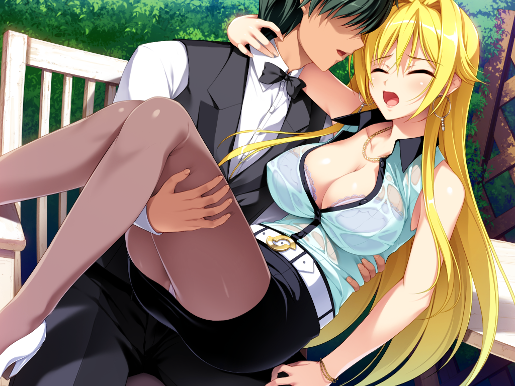 1girl, bare_arms, belt, bench, berochu!, blonde_hair, blush, bra