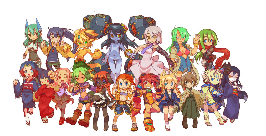 6+girls, akari_(raigou), animal_ears, asagi_juko, black_legwear, blonde_hair, blue_eyes, blue_hair, blue_skin, borrowed_character, character_request, chestnut, furry, gradient_hair, grin, japanese_clothes, jpeg_artifacts, kikuri_(mawaru), korone_(metata), long_hair, mamaru, mask, multiple_girls, necklace, one_eye_closed, original, pointy_ears, ponytail, red_eyes, scarf, shorts, simple_background, skirt, tail, titi-chan_(nezumi_inu), white_background, white_hair, yellow_eyes