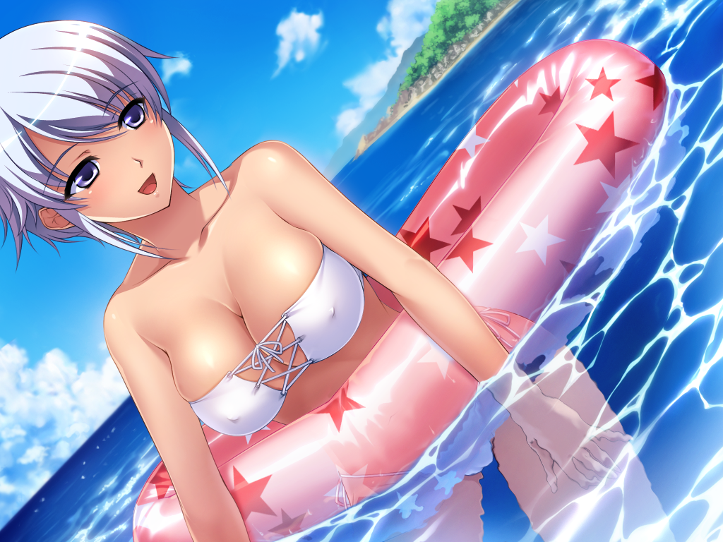 1girl, :d, aoshima_rui, arm, bare_arms, bare_shoulders, berochu!, bikini