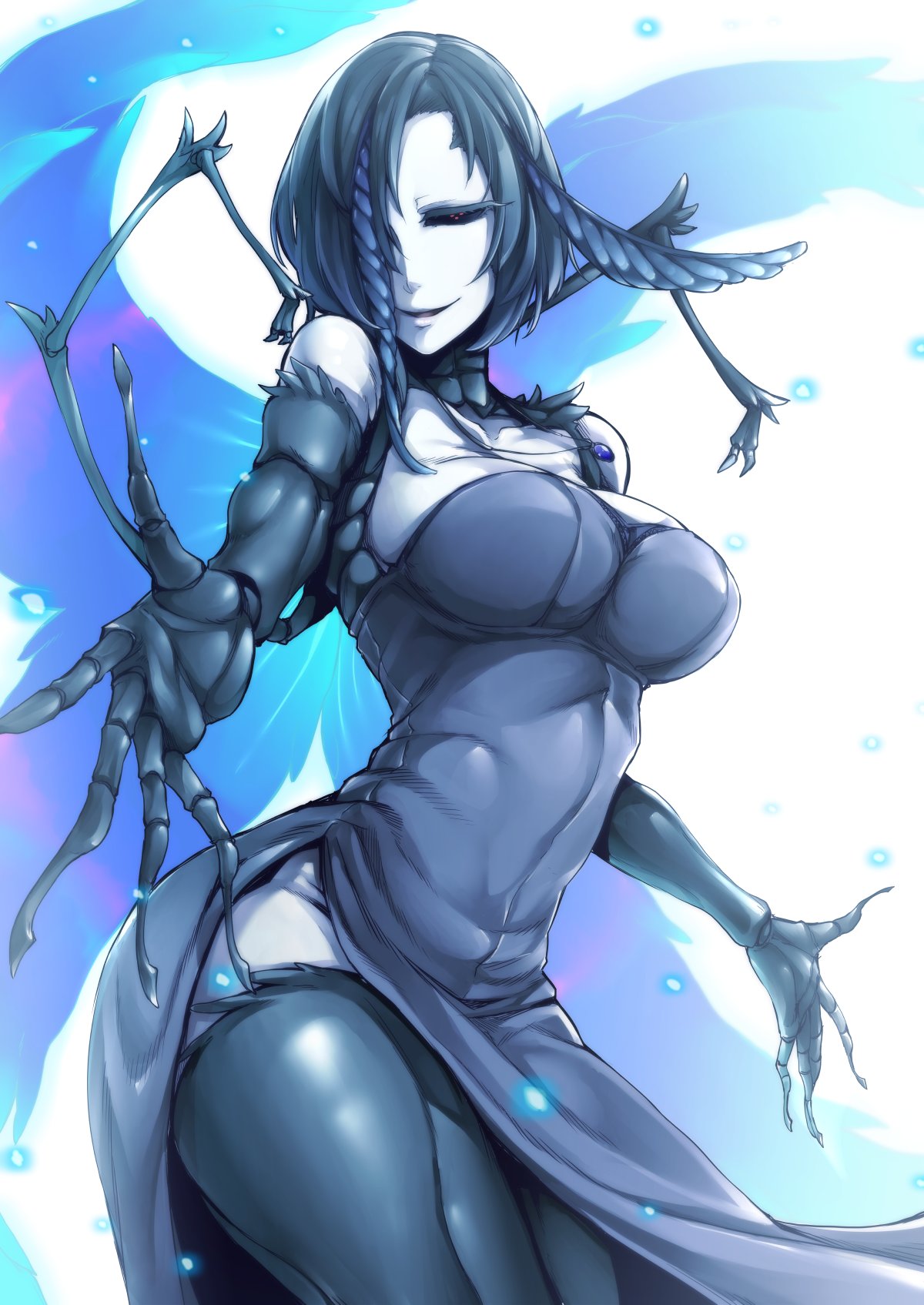 1girl, antennae, black_hair, blue_dress, breasts, dress, elbow_gloves, gloves