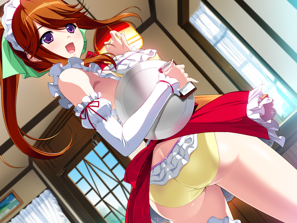 1girl, ashtray, ass, berochu!, breasts, butt_crack, dutch_angle, elbow_gloves, floating_hair, from_behind, game_cg, happy, highres, holding, indoors, large_breasts, legs, long_hair, looking_back, maid, maid_headdress, misono_chiharu, nakano_sora, open_mouth, orange_hair, panties, ponytail, sideboob, smile, solo, standing, thighs, underwear, violet_eyes, yellow_panties