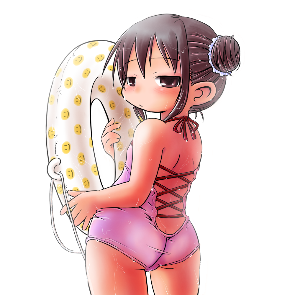 1girl, akita_shoten, ass, beretta_(kokoaka), blush, butt_crack, child, closed_mouth, cowboy_shot, flat_chest, hair_bun, holding, innertube, looking_at_viewer, looking_back, marui_hitoha, mitsudomoe, one-piece_swimsuit, simple_background, solo, standing, swimsuit, wet, white_background