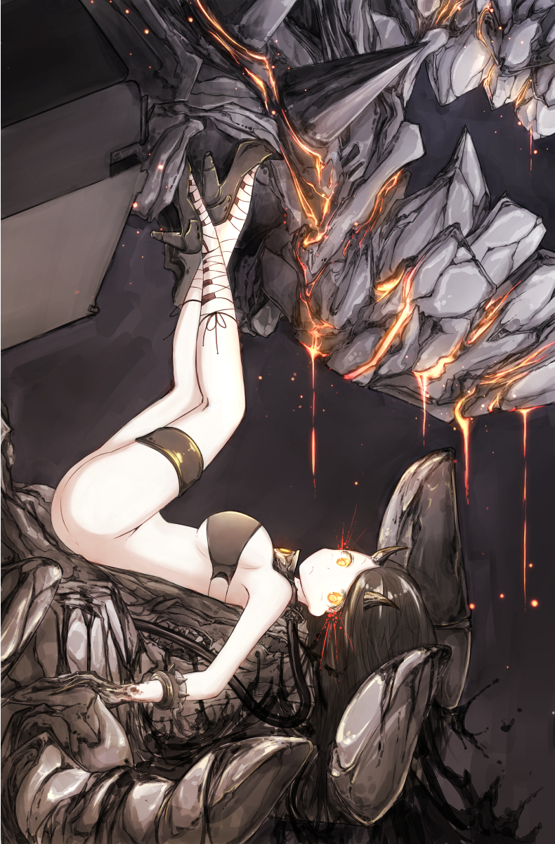 1girl, arm_support, ass, battleship_hime, battleship_summer_hime, black_hair, bottomless, breasts