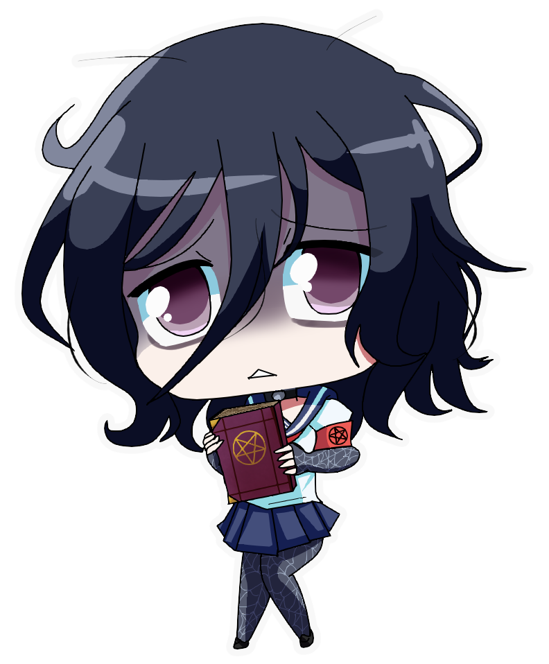 1girl, arm_band, black_gloves, black_hair, book, chibi, choker, elbow_gloves