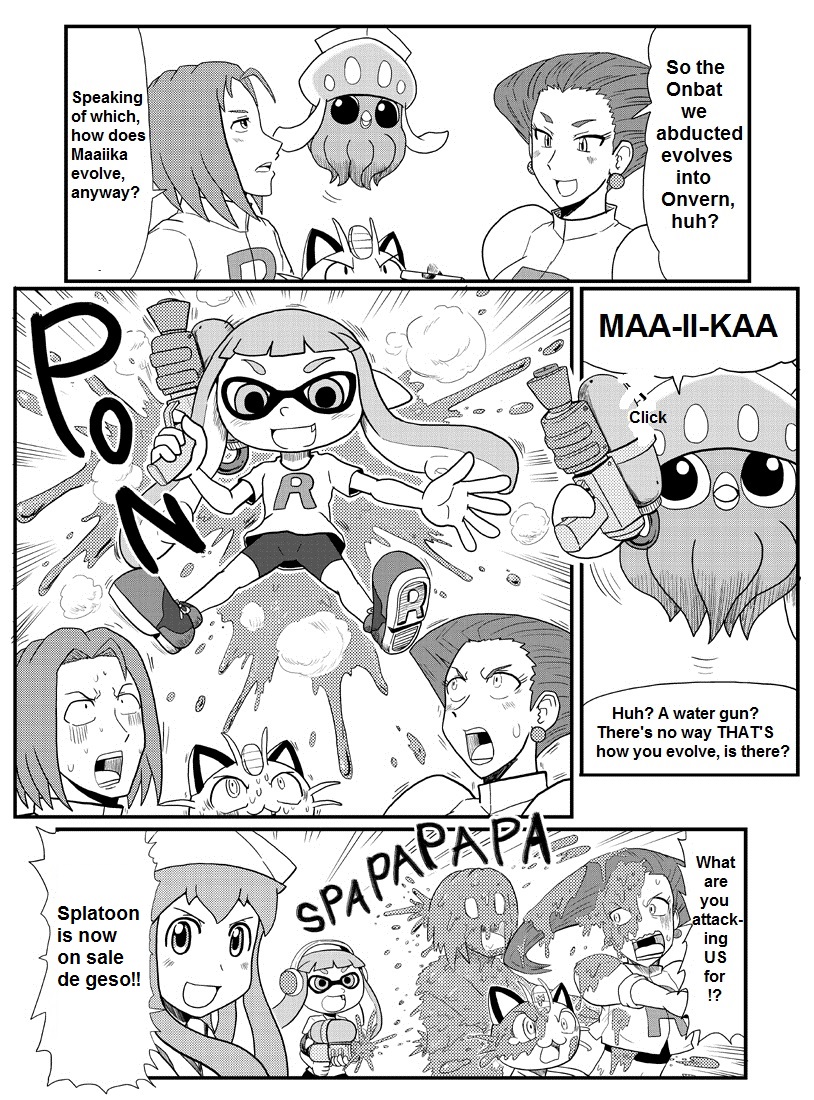 comic, gouguru, ikamusume, kojiro_(pokemon), monochrome, musashi_(pokemon), pokemon, shinryaku!_ikamusume, splatoon, translated
