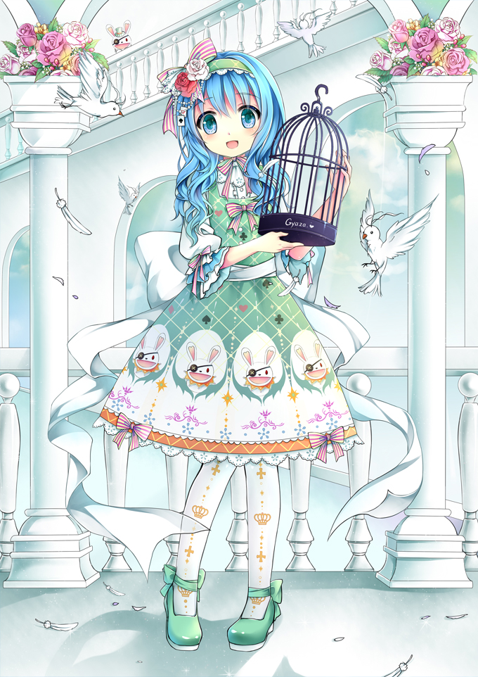 1girl, bird, blue_eyes, blue_hair, blush, date_a_live, dress, eyepatch