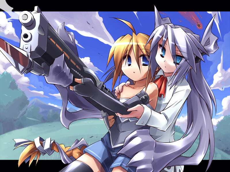 bare_shoulders, braid, elbow_gloves, fingerless_gloves, gloves, gun, long_hair, meteor