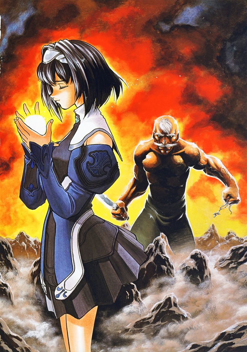 1boy, 1girl, bald, bangs, black_hair, chief_lee, closed_eyes, kelvena, knife, muscle, mustache, old_man, outdoors, short_dress, short_hair, topless, uguisu_kagura, uguisuya, white_hair, xenogears