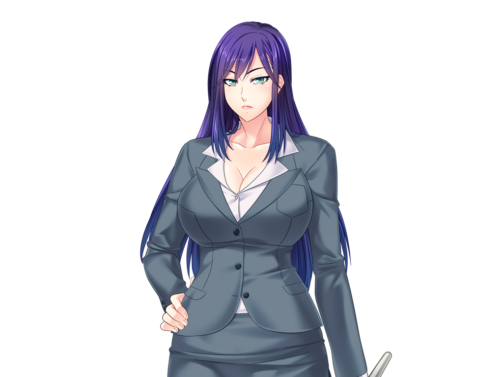 1girl, breasts, cleavage, collared_shirt, do-s_na_sparta_kyonyuu_onna_kyoushi_wo_kyokon_de_do-m_na_haramase_onaho_ni_shita_gakuen_seikatsu_nisshi, game_cg, green_eyes, hand_on_hip